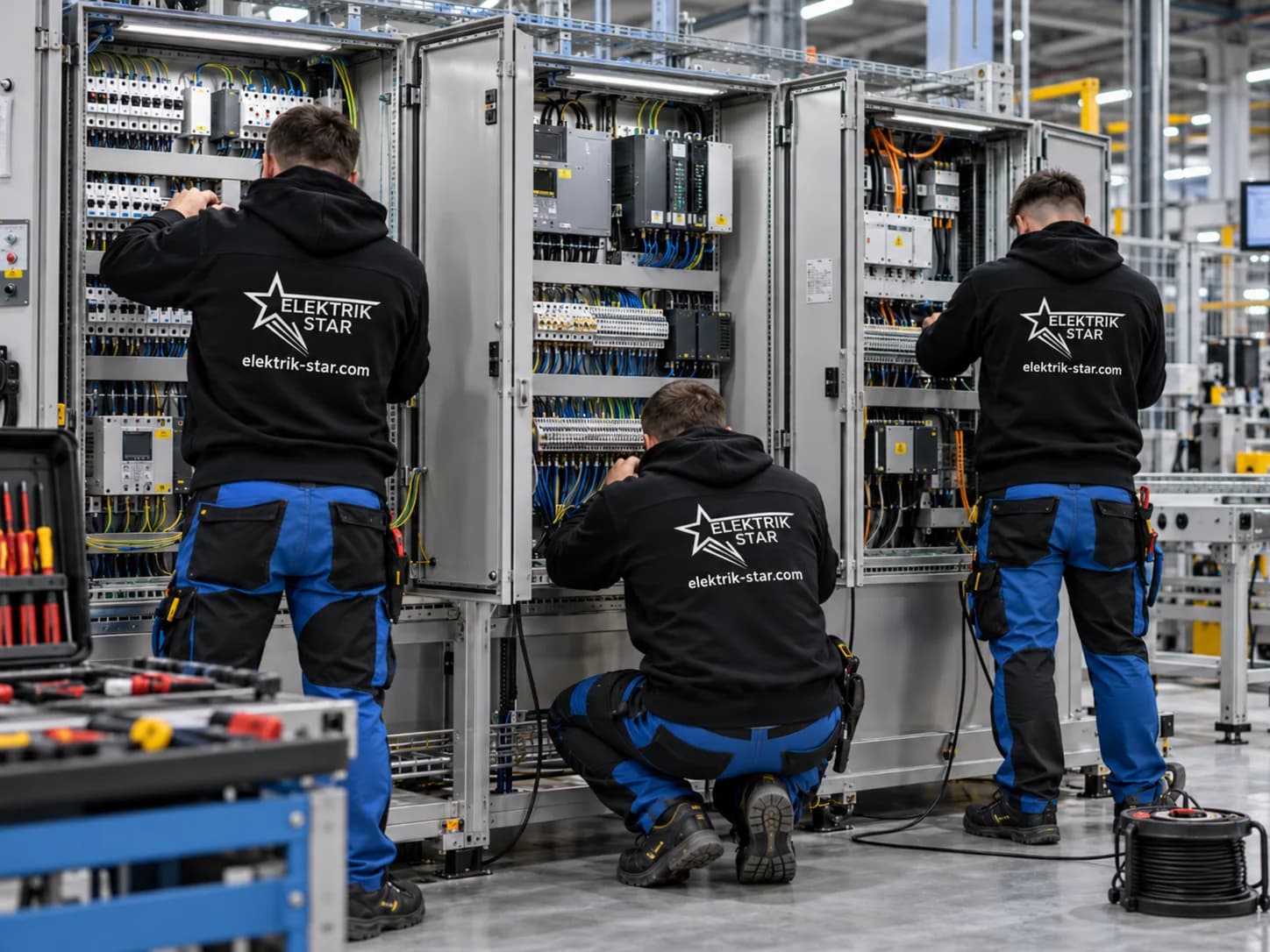 Trzech elektromonterów podłącza szafy sterownicze w hali produkcyjnej