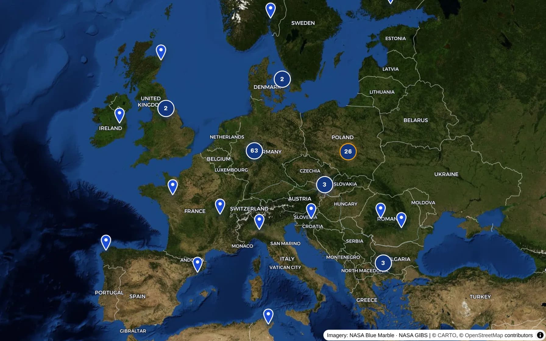 Map of Europe with the locations of Elektrik-Star projects